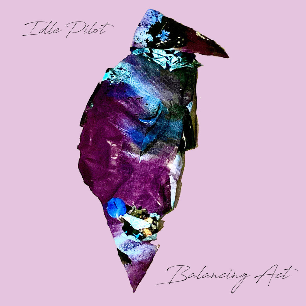 Album cover for Idle Pilot's Balancing Act, which depicts a fluorescent crumpled mound of trash in the shape of a bird
