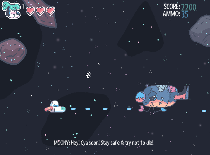 A screenshot from Moon Pup 2069, showing a player spaceship firing at an enemy spaceship amid a field of meteors. In the bottom of the screen, a subtitle reads, "Hey! Cya soon! Stay safe & try not to die!"