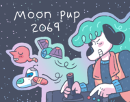 Art for Moon Pup 2069, showing the dog Lora playing on a joystick as a spaceship and enemy ships are displayed in the background against space