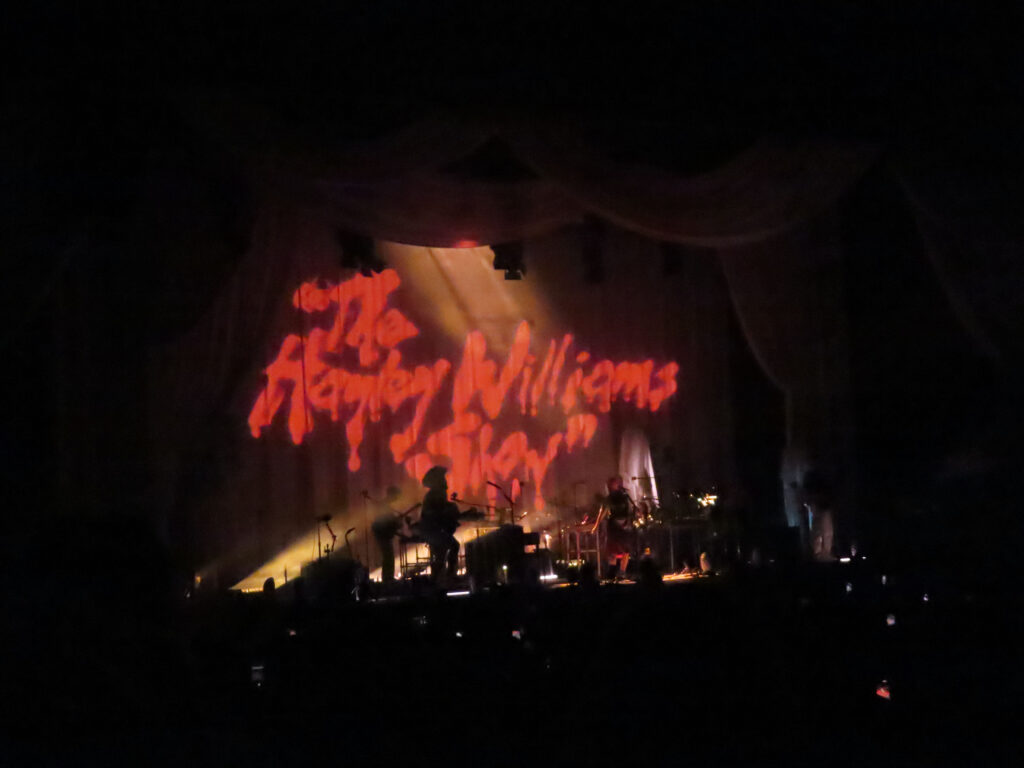 hayley williams and her band perform back lit with a screen that reads "The Hayley Williams Show" behind them